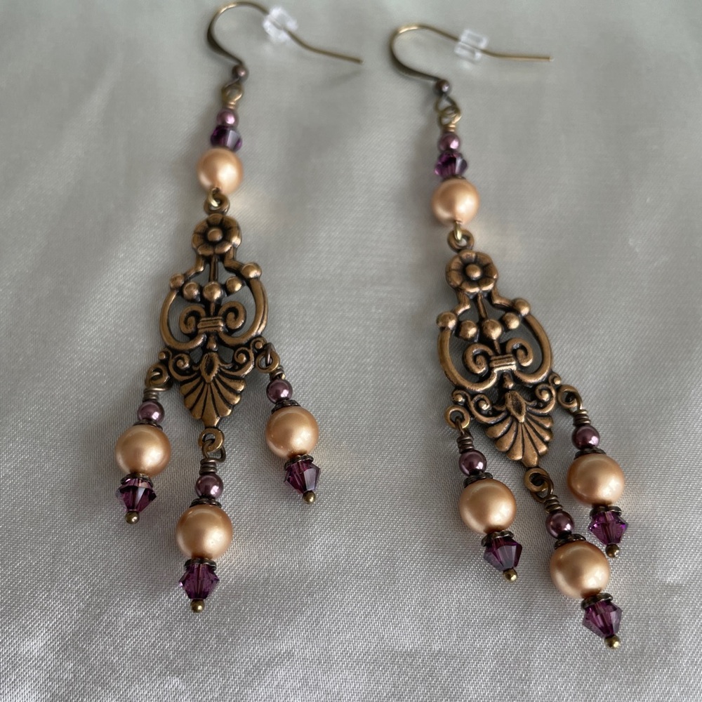 Handcrafted Brass Tone Golden Faux Pearl & Purple Beaded Chandelier Earrings